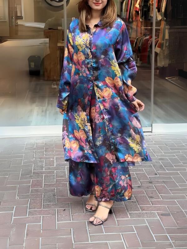 lusailstore - Women's lapel button-down printed shirt long coat and pants set