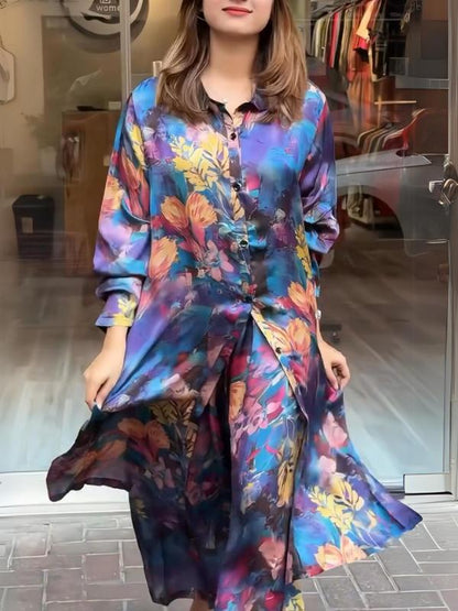 lusailstore - Women's lapel button-down printed shirt long coat and pants set