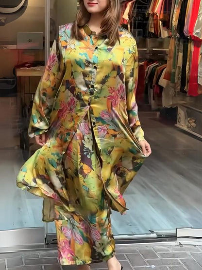 lusailstore - Women's lapel button-down printed shirt long coat and pants set