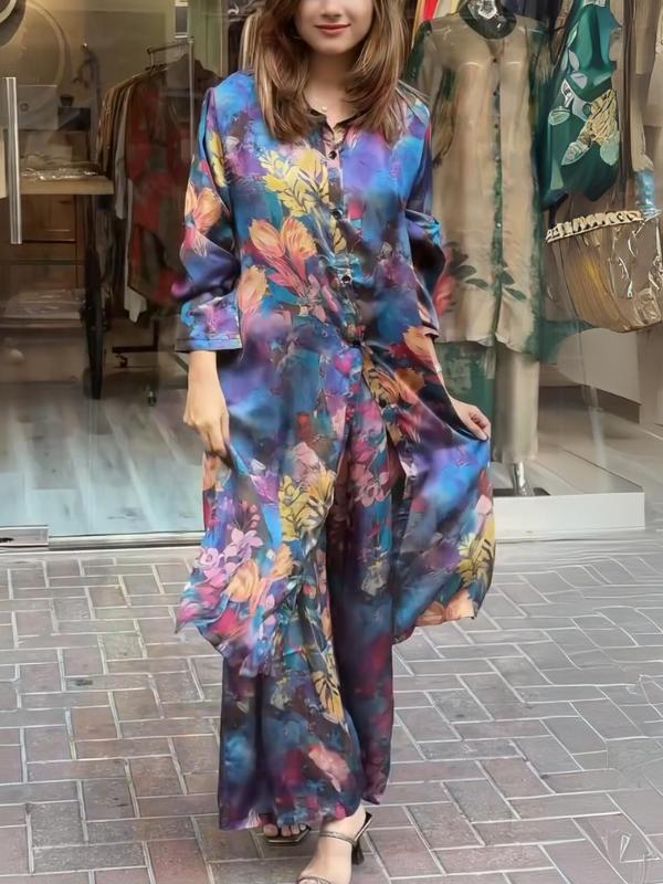 lusailstore - Women's lapel button-down printed shirt long coat and pants set