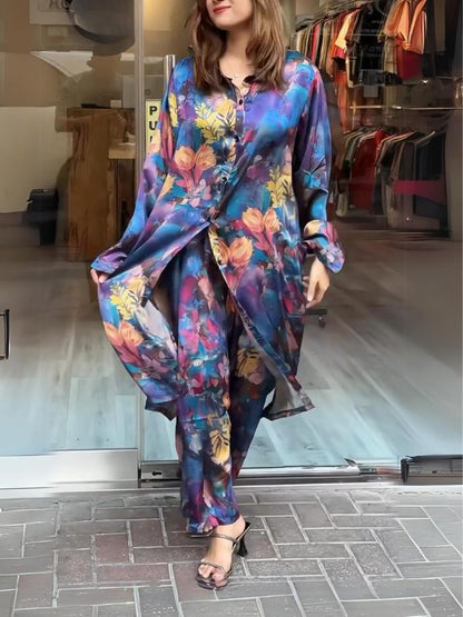 lusailstore - Women's lapel button-down printed shirt long coat and pants set