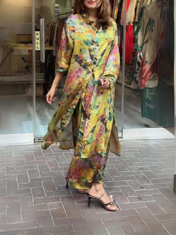 lusailstore - Women's lapel button-down printed shirt long coat and pants set