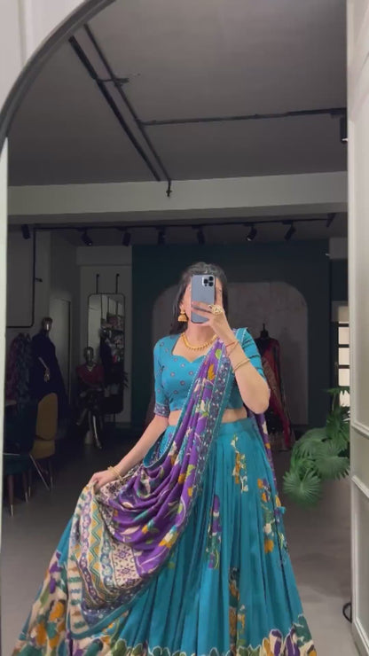 Tussar Silk Patola Print Trendy Lehenga Choli in Green