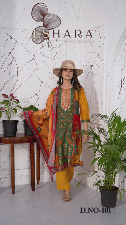 Ethnic Printed & Embroidered Straight Fit Kurta with Pant and Dupatta