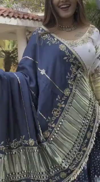 Blue Lehenga Choli With Mirror Work And Attached Rama Dupatta With Blouse