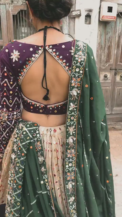 Cream Purple Lehenga Choli With Mirror Work And Attached Green Dupatta With..