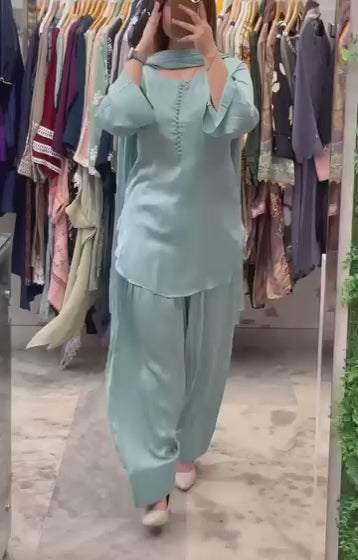 New Launching Natural Crep Silk Party Wear Look Top with Farshi Salwar And Natural Crep Silk Fancy border Dupatta