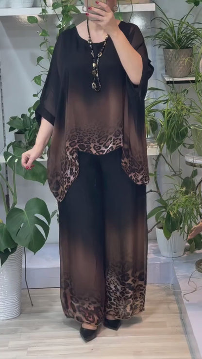 Women's Gradient Leopard Print Crew Neck Top And Wide Leg Pants Set