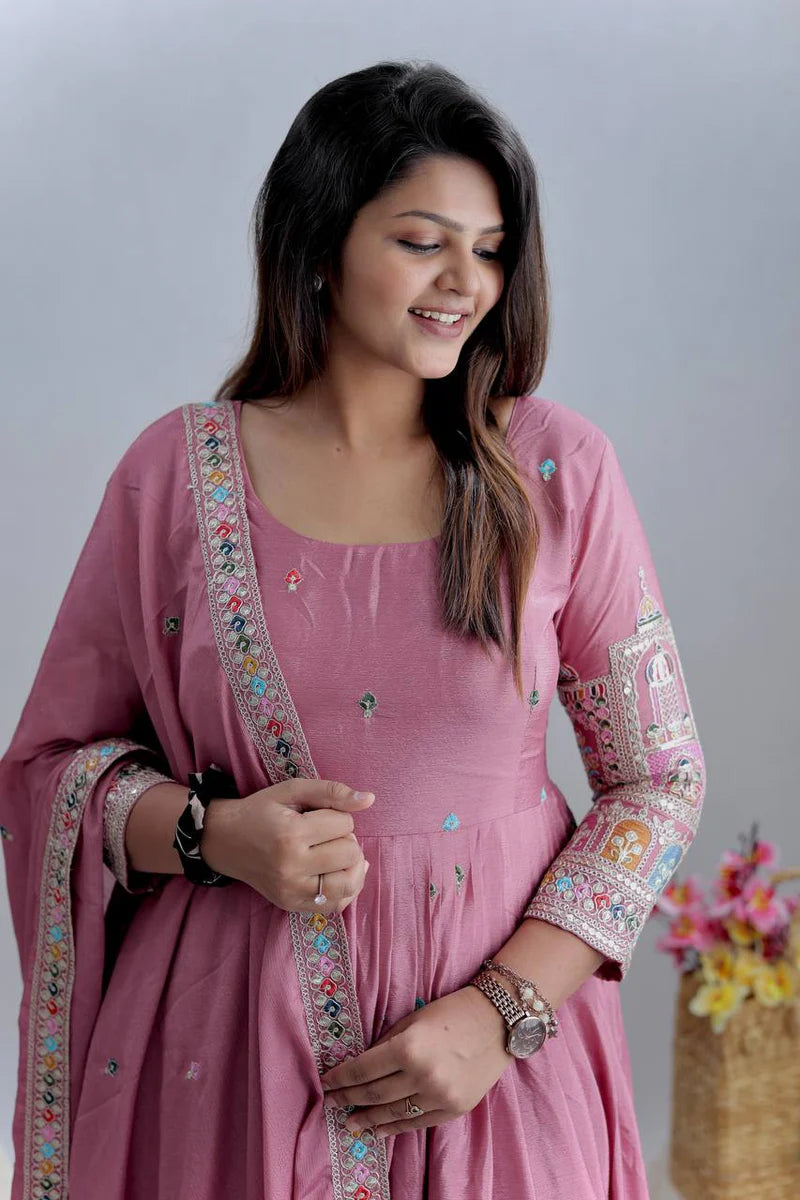 Royal Pure Chinon Silk Embroidered Gown Pant Dupatta Set