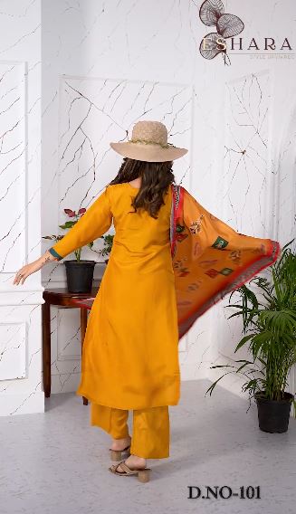 Ethnic Printed & Embroidered Straight Fit Kurta with Pant and Dupatta