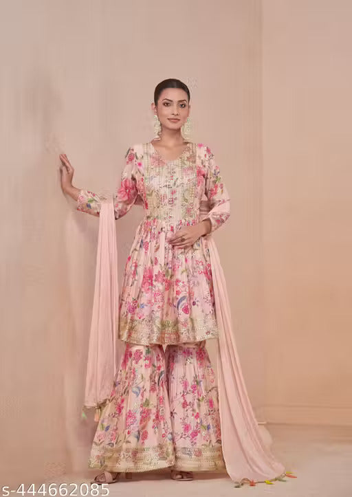 Floral Chinon Print Anarkali Suit with Dupatta